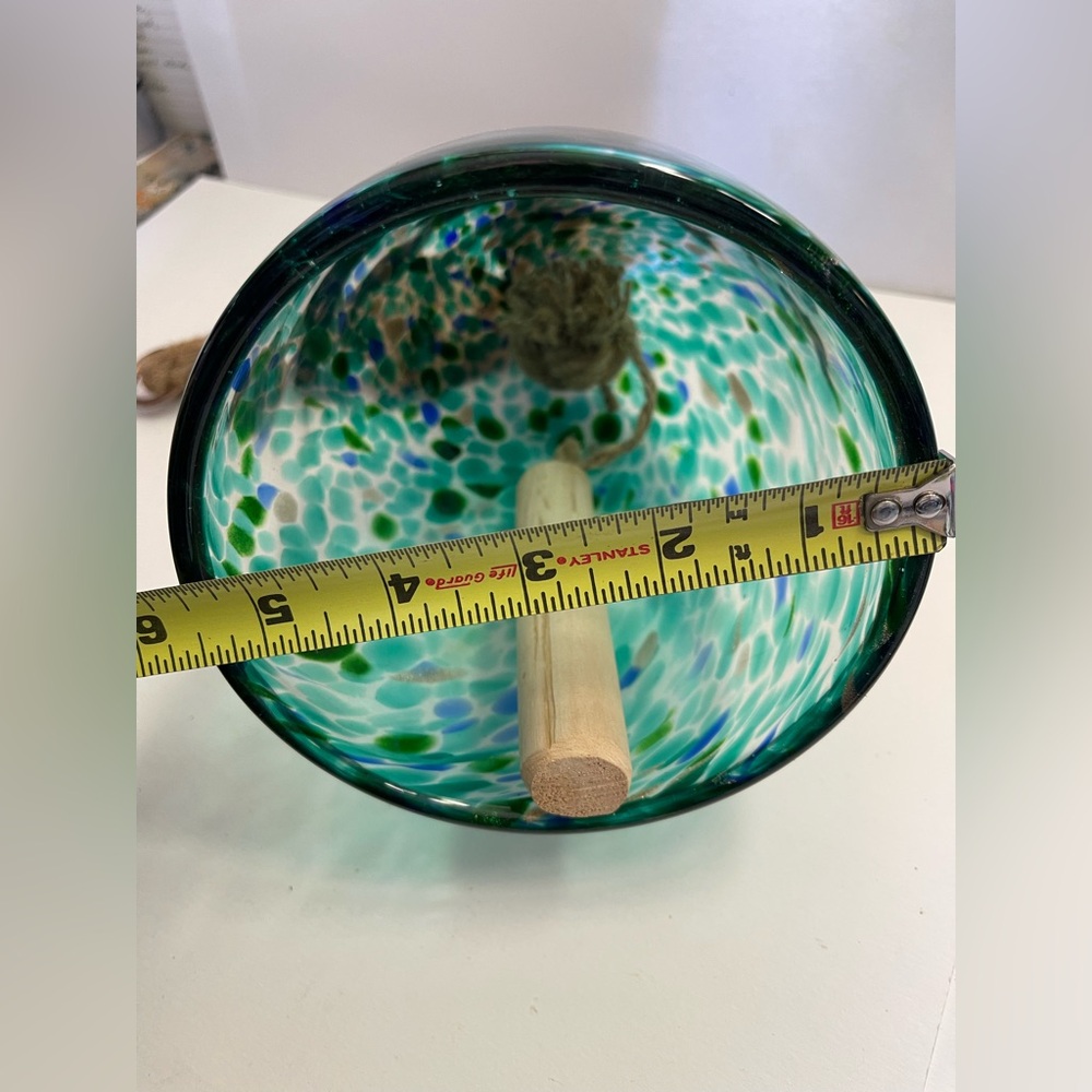 Handcrafted Handblown Glass Wind Chime with Rope and Hook Blue Green Goldtone - Picture 3 of 4